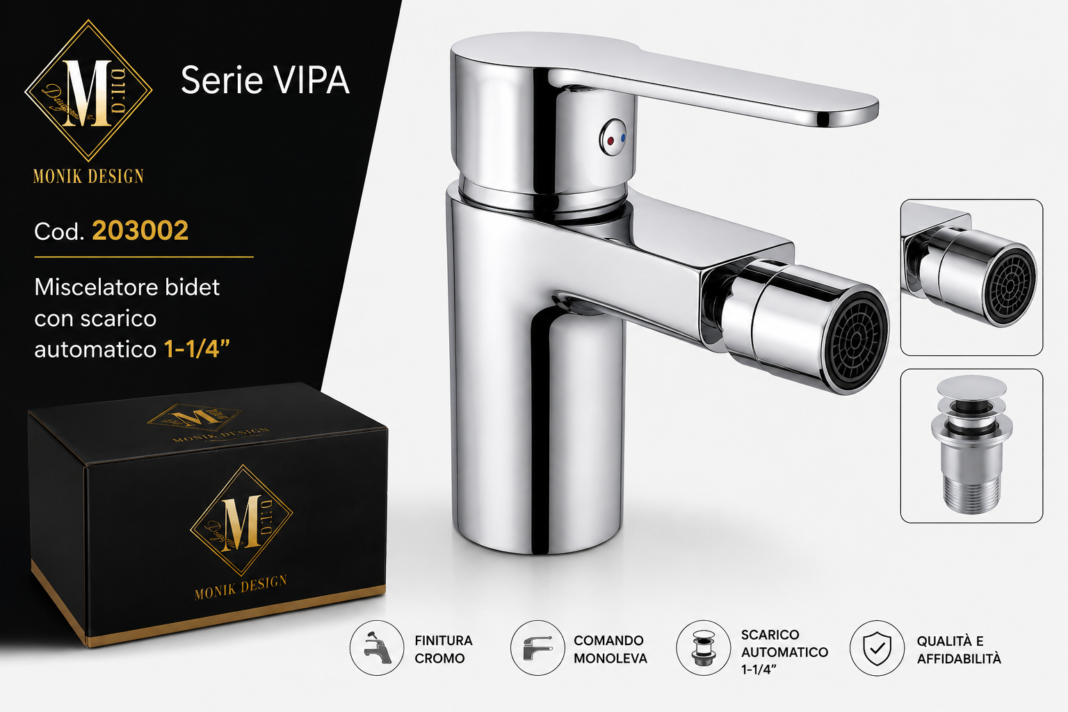 MONIK DESIGN SERIE VIPA – MISCELATORE BIDET CON SCARICO AUTOMATICO – COD. 203002 - immagine 2